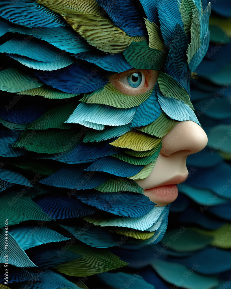 Obraz premium Mysterious Portrait Human Face Covered in Green and Blue Leaf Patterns, Surreal and Organic