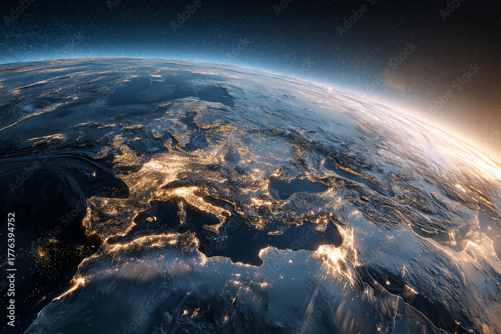 Naklejka premium Satellite view of planet Earth showing rotation and illuminated cities at night, concept of global movement