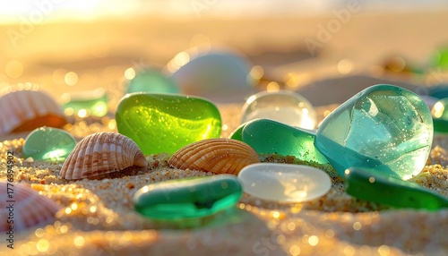 Close Up Of Smooth Sea Glass and Seashells Scattered On Sandy Beach With Golden Sunlight Sparkle