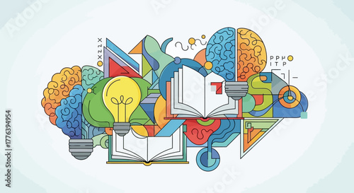 Creative Learning Concept, Books, Brain, Science, Ideas, Flat Illustration, Educational Environment, Abstract Side View