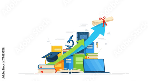 Educational Success Concept, Graduation, Books, Online Learning, Flat Illustration, Knowledge Progress, Academic Achievement