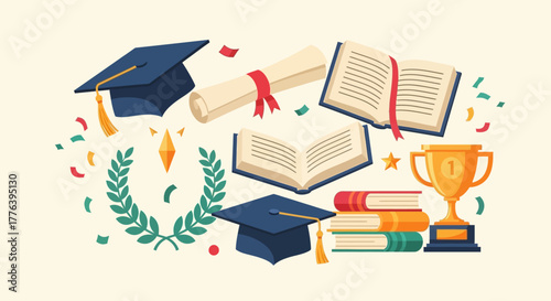 A collection of academic symbols representing graduation, knowledge, and achievement, featuring mortarboards, diplomas, and a trophy
