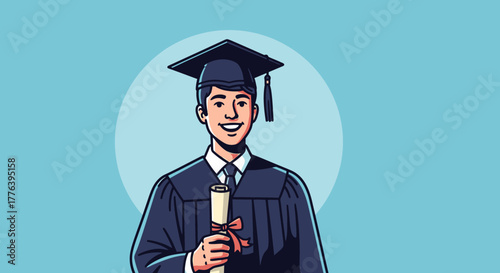 A young male graduate in a cap and gown smiles proudly, holding his diploma, symbolizing academic success and a bright future