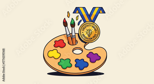 Celebrating artistic excellence with a vibrant painter's palette, brushes, and a gold medal for creativity and innovation in fine arts
