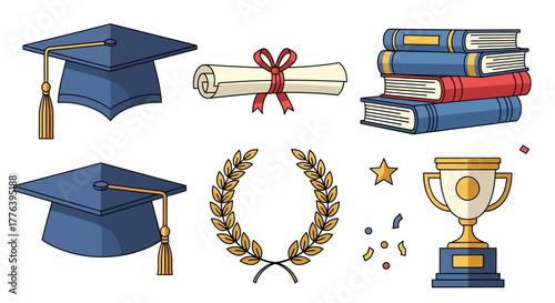 A set of colorful cartoon illustrations celebrating graduation and academic achievement with various symbols