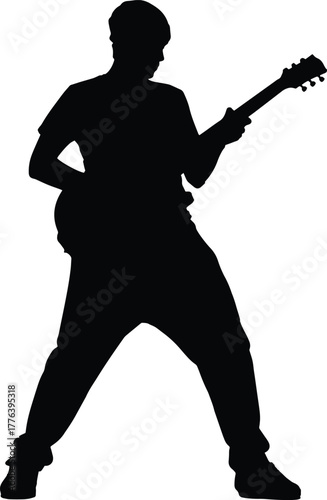 Silhouette of man playing electric guitar isolated on transparent background