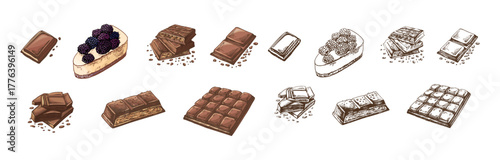 Hand drawn vintage sketch of chocolate bars and blackberry cheesecake in color and monochrome version, isolated vector illustration