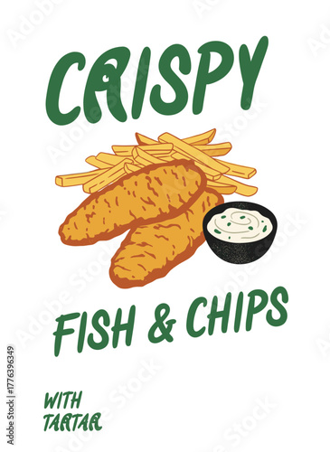 Crispy Fish and Chips. British Fast Food Art. Seafood and Fries Logo. Retro Restaurant Graphic. Fish with Tartar Sauce.
