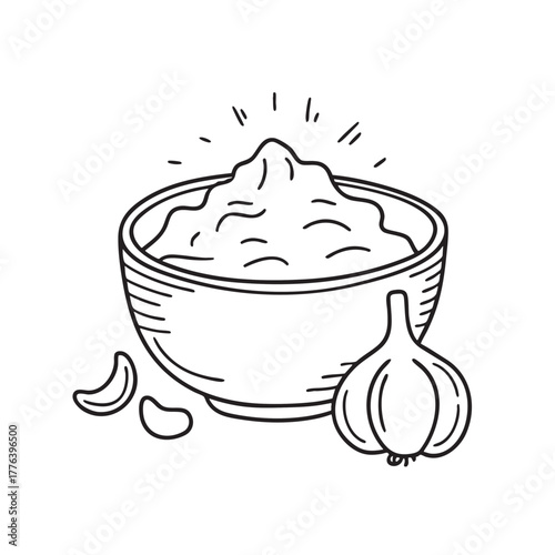 Ceramic bowl filled with bright red chili paste and garlic