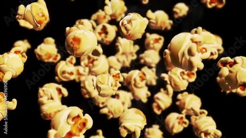 Popcorn kernels floating on black background.