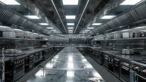 Modern professional industrial kitchen interior with stainless steel equipment bright lighting and clean reflective surfaces for culinary work