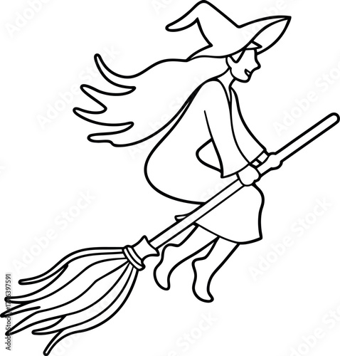 Black and white sketch of a witch flying on a broomstick outline icon