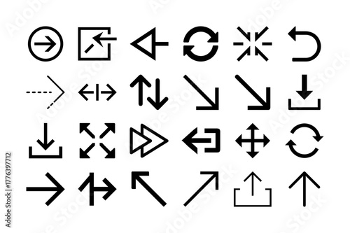 Arrows glyph icon set. Directional symbols, navigation pointers, up down left right arrows, rotation, reload, and move icons. User interface, flow, and More. Editable stroke. Vector illustration.