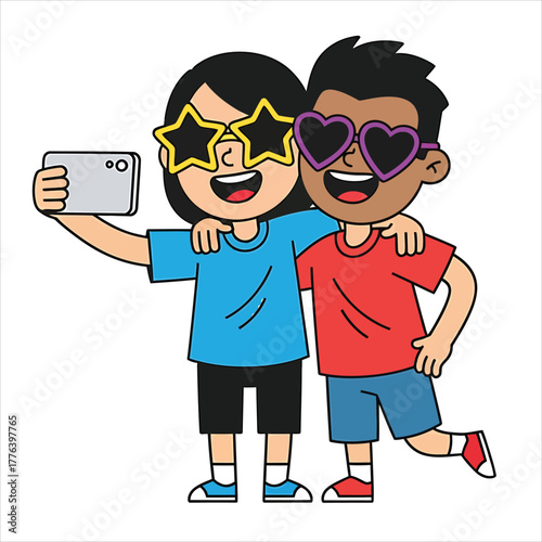Cheerful kids in novelty sunglasses posing for a self-portrait with a mobile phone, celebrating friendship