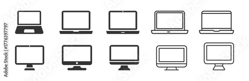 Lined and flat vector computer icons set. Desktop and laptop computer designs. Computer vector icon. Laptop computer icon. Desktop computer icon