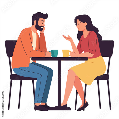 A young couple enjoying a lively conversation over coffee at a cafe table, illustrating a modern romantic date