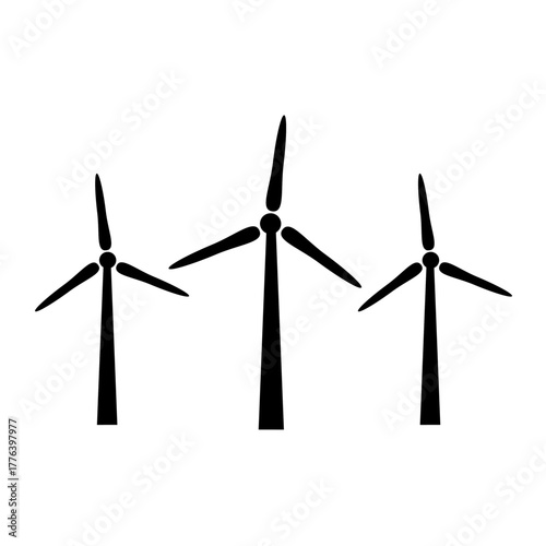 Green renewable energy wind turbines generating electric power on a blue sky windfarm