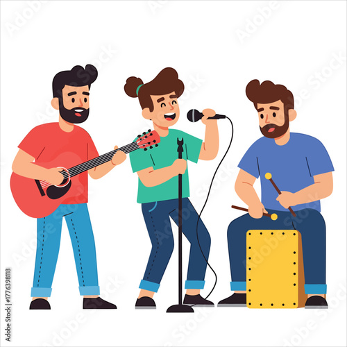 Energetic Music Band Performance with Guitarist, Singer, and Drummer