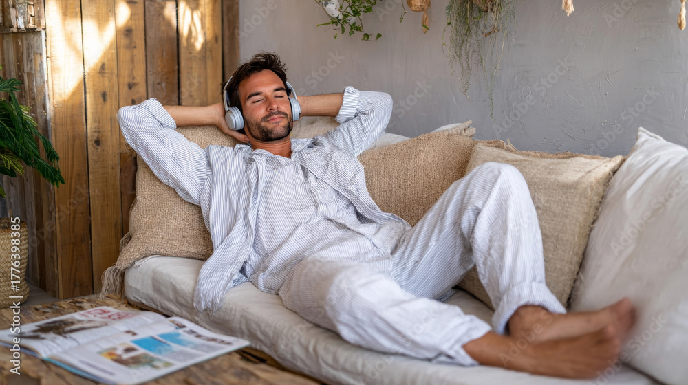 Fototapeta premium Man in minimalist pajama set relaxing on a cozy sofa, enjoying music with headphones, embodying therapeutic laziness and modern self-care