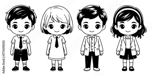 A diverse group of four cute chibi style children characters standing together. Happy cartoon boys and girls with different hairstyles and outfits for a youthful design.