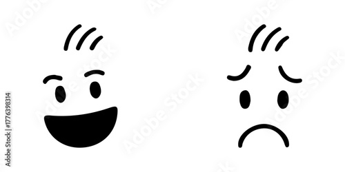 A set of two simple expressive faces showing happiness and sadness. Minimalist emoticons or character expressions for feedback, mood, or emotional concepts.