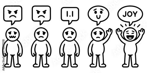 A group of simple characters with speech bubbles and emoticons expressing different moods like anger, sadness, and joy. A concept for feedback or emotional states.