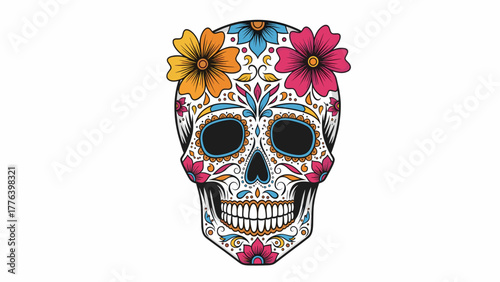 Vibrant Calavera Sugar Skull with Colorful Floral Decorations, Traditional Mexican Day of the Dead Art