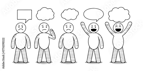 Stick figure characters showing a range of emotions and communication. Simple drawings of people with speech bubbles expressing sadness, anger, and happiness in a row.