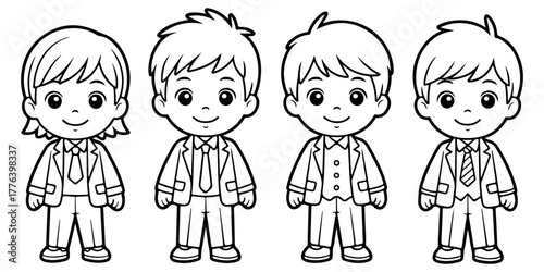 A group of four smiling cartoon boys dressed in matching smart outfits. Cute identical characters or siblings standing together, representing a team or a group of friends.