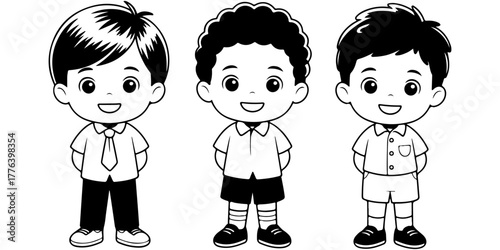 Three cute cartoon boys standing in a row with friendly expressions. Chibi style characters with different hairstyles and casual outfits, representing friendship or youth.