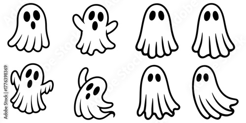 A collection of cute and spooky ghost characters. Set of eight simple cartoon phantom illustrations with different flying poses and expressions for Halloween designs.