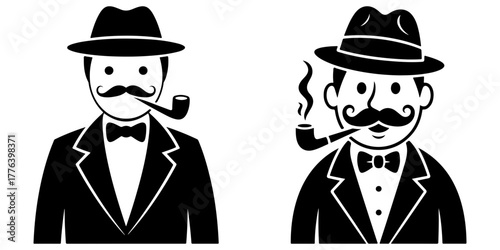 A pair of classic gentleman portraits. Retro style characters with mustaches, one wearing a fedora and the other smoking a pipe. Vintage icons of sophisticated men.