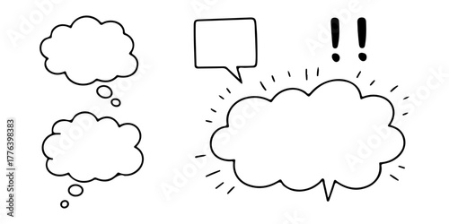 A collection of hand drawn speech and thought bubbles. Comic style doodle elements for expressing thoughts, ideas, and conversation. Includes exclamation marks for emphasis.