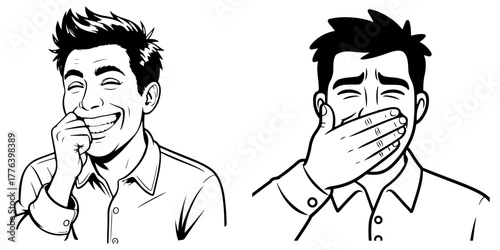 Two portraits of a man expressing different emotions. One shows him laughing happily, while the other shows him covering his mouth in shock or surprise. Retro comic art style.