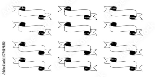 A set of hand drawn ribbon banners in a doodle style. A collection of empty, scrolling labels for adding text or creating vintage inspired decorative designs.