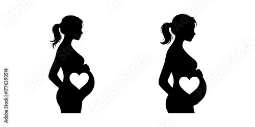 A pair of pregnant woman silhouettes. One design includes a heart on the belly, symbolizing love and maternity. A concept for pregnancy, motherhood, and family.