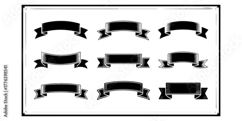 A set of classic ribbon banners in solid black. A collection of nine different shaped scrolls and labels for use in creating emblems, logos, and titles.