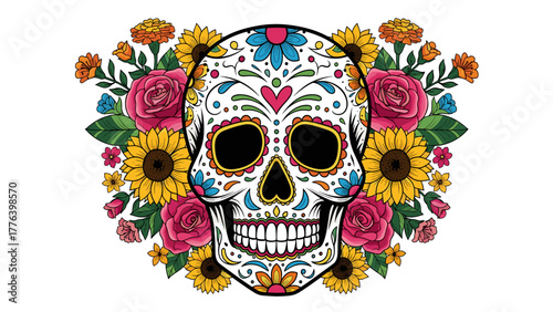 Vibrant Day of the Dead Sugar Skull with Colorful Mexican Flowers. Intricate Calavera Design Adorned with Roses, Sunflowers, and Marigolds for Cult...