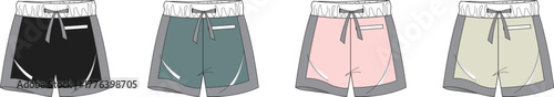 A set of men's athletic shorts presented as a technical flat fashion sketch. Vector apparel template for sportswear design in four color options