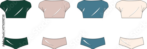 Collection of matching underwear sets in various colors and styles for women, featuring tops and bottoms
