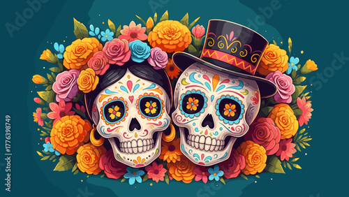 Vibrant Dia de los Muertos Sugar Skulls with Floral Garland - Traditional Mexican Celebration Art