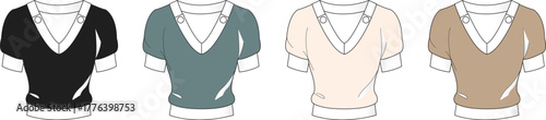 Fashion template of a women's layered look V-neck top with short sleeves. Apparel design vector illustration in multiple color palettes