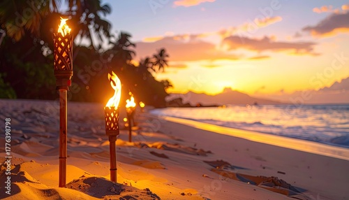Beach Torches Illuminated At Sunset With Ocean Waves And Palm Trees In The Background Soft Golden Hour Light Creates A Serene Tropical Ambiance