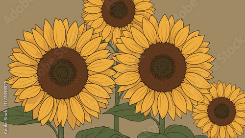 Cheerful Sunflower Illustration: Golden Blooms and Green Foliage on a Muted Brown Background, Hand-Drawn Vector Art