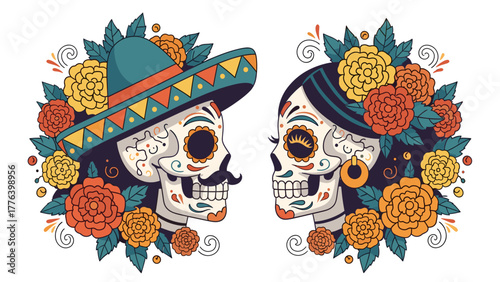Festive Day of the Dead Couple Illustration: Decorative Sugar Skulls with Sombrero, Mustache, and Marigolds, Celebrating Mexican Culture and Rememb...