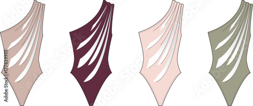 Collection of elegant one-shoulder swimsuit or bodysuit designs in various color palettes, featuring contemporary fashion illustration for apparel concepts and styling