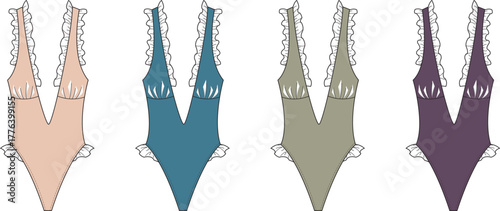 Collection of four one-piece swimsuits in different muted pastel shades, each featuring delicate lace trim