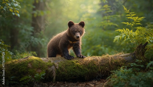 Young Bear Exploring a Wooded Area During Early Morning Light