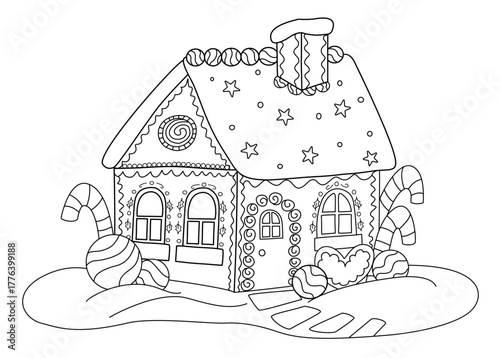 Ginger bread house decorated - coloring page for children. Simple vector design. 
