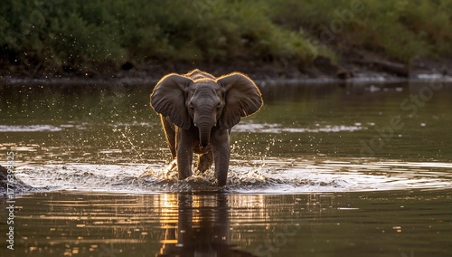 Juvenile Elephant Splashes in River During Golden Hour